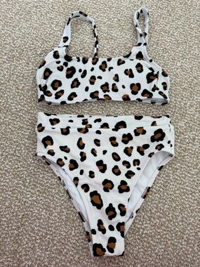 Women Leopard Print Bikini Set - White, Black & Brown